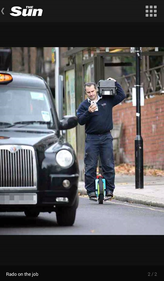 Domex engineer riding down London road on motorised unicycle