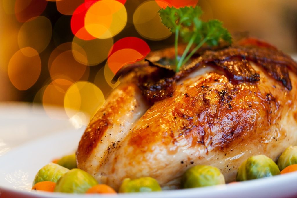Close up of roast turkey and brussel sprouts